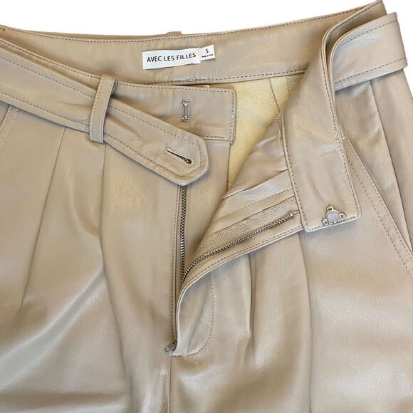 Avec Les Filles Faux Leather High Rise Belted Cream Pants Size Small - Picture 5 of 14